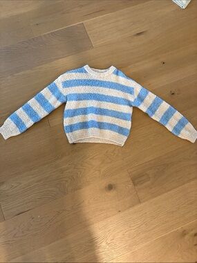 Zara Blue and Cream Striped Plush Crewneck Sweater